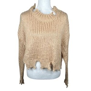 Forever 21 Tan Knit Distressed Cropped Long Sleeve Sweater Size Small